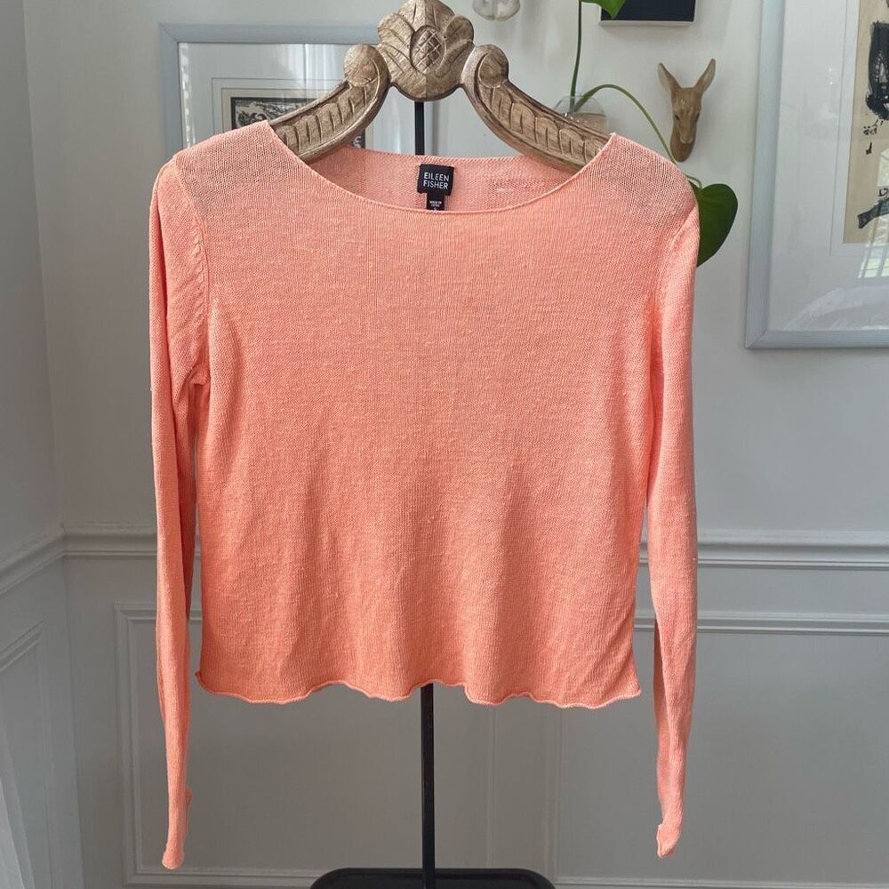 Eileen Fisher Orange Sherbet 100% Linen Knit Top Sweater S
